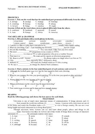 English worksheet 1 - Grade 6