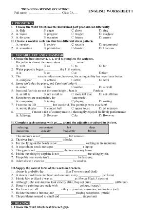 English worksheet 1 - Grade 7