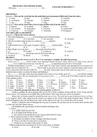 English worksheet 1 - Grade 8