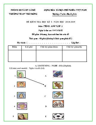 Đề kiểm tra học kỳ I Môn Tiếng anh - Lớp Ba - Trường Tiểu học An Thái Đông