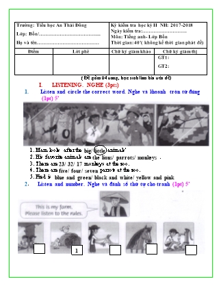 Đề kiểm tra học kỳ II Môn Tiếng Anh - Lớp 4 - Trường Tiểu học An Thái Đông