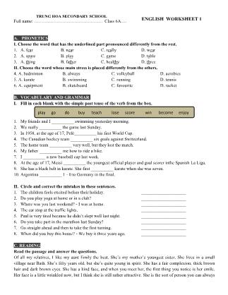 English worksheet 1 - Class 6