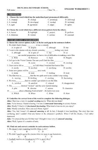 English worksheet 1 - Class 7