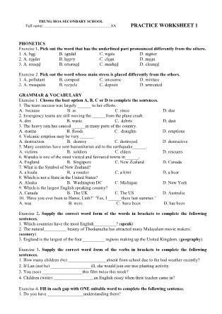 English worksheet 1 - Class 8