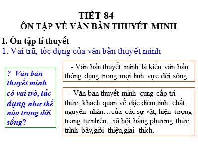 Bài giảng Ngữ văn 8 - Tiết 84: Ôn tập về văn bản thuyết minh