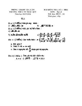 Bài kiểm tra (số 1 - HKI) môn Đại số 9 - Tiết theo PPCT: 18 - Trường THCS TT Trâu Quỳ