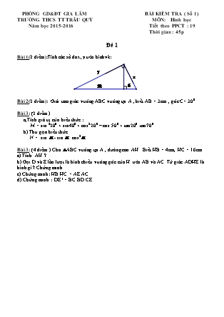 Bài kiểm tra (số 1) môn Hình học 9 - Tiết theo PPCT: 19 - Trường THCS TT Trâu Quỳ