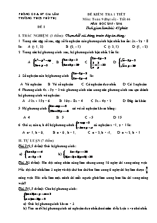 Đề kiểm tra 1 tiết Môn Toán 9 (Đại số) - Tiết 46 - Trường THCS Phú Thị