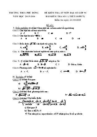Đề kiểm tra 45’ môn Đại số lớp 9 - Bài kiểm tra số 1 (tiết 18-PPCT) - TrườngTHCS Phù Đổng