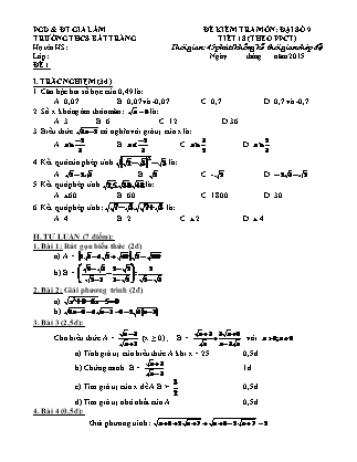 Đề kiểm tra Đại số 9 - Tiết 18 (PPCT) - Trường THCS Bát Tràng