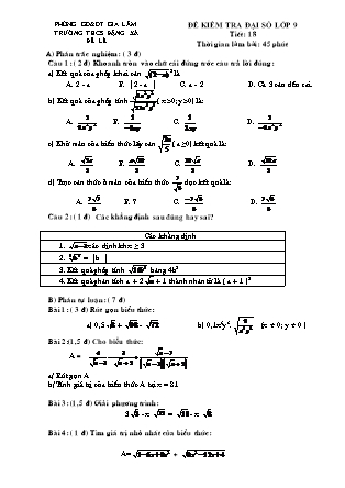 Đề kiểm tra Đại số lớp 9 - Tiết 18 - Trường THCS Đặng Xá