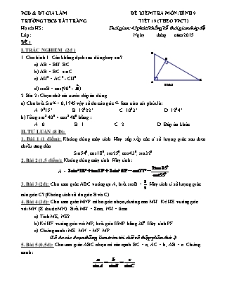 Đề kiểm tra Hình học 9 - Tiết 19 (PPCT) - Trường THCS Bát Tràng