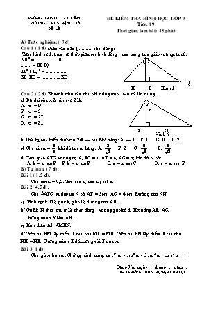 Đề kiểm tra Hình học lớp 9 - Tiết 19 - Trường THCS Đặng Xá