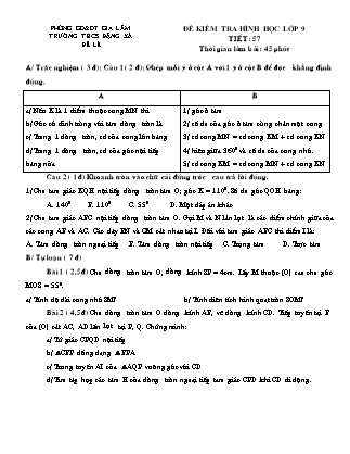 Đề kiểm tra Hình học lớp 9 - Tiết 57 - Trường THCS Đặng Xá