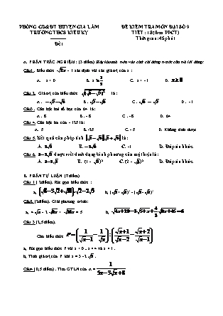 Đề kiểm tra môn Đại số 9 - Tiết 18 (theo PPCT) - Trường THCS Kiêu Kỵ