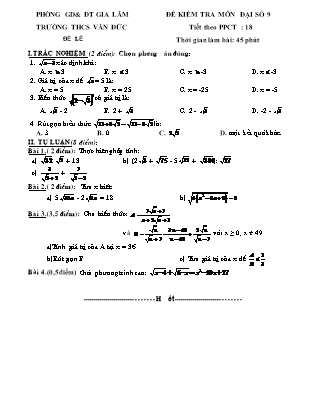 Đề kiểm tra môn Đại số 9 - Tiết theo PPCT: 18 - Trường THCS Văn Đức
