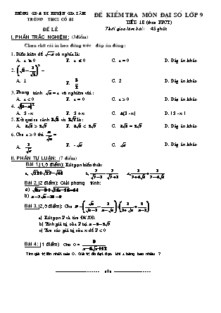 Đề kiểm tra môn Đại số lớp 9 - Tiết 18 (PPCT) - Trường THCS Cổ Bi