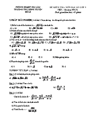Đề kiểm tra môn Đại số lớp 9 - Tiết 18 (theo PPCT) - Trường THCS Đình Xuyên