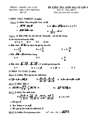 Đề kiểm tra môn Đại số lớp 9 - Tiết 18 (theo PPCT) - Trường THCS Yên Thường