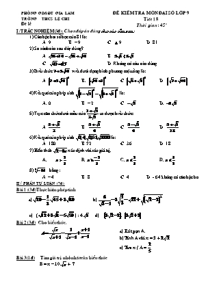 Đề kiểm tra môn Đại số lớp 9 - Tiết 18 - Trường THCS Lệ Chi