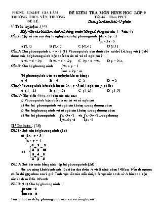 Đề kiểm tra môn Đại số lớp 9 - Tiết 46 (theo PPCT) - Trường THCS Yên Thường