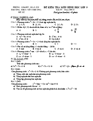 Đề kiểm tra môn Đại số lớp 9 - Tiết 59 (theo PPCT) - Trường THCS Yên Thường