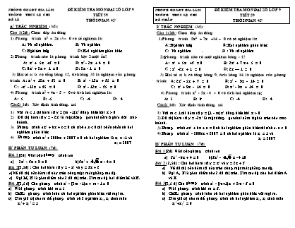 Đề kiểm tra môn Đại số lớp 9 - Tiết 59 - Trường THCS Lệ Chi