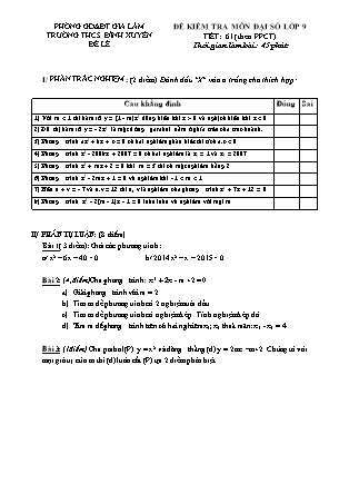 Đề kiểm tra môn Đại số lớp 9 - Tiết 61 (theo PPCT) - Trường THCS Đình Xuyên