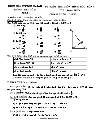 Đề kiểm tra môn Hình học lớp 9 - Tiết 19 (PPCT) - Trường THCS Cổ Bi