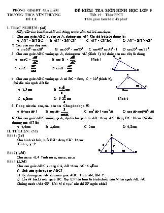 Đề kiểm tra môn Hình học lớp 9 - Tiết 19 (theo PPCT) - Trường THCS Yên Thường