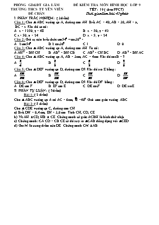 Đề kiểm tra môn Hình học lớp 9 - Tiết 19 (theo PPCT) - Trường THCS TT Yên Viên