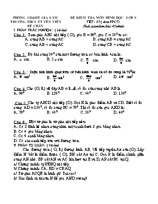 Đề kiểm tra môn Hình học lớp 9 - Tiết 57 (theo PPCT) - Trường THCS TT Yên Viên