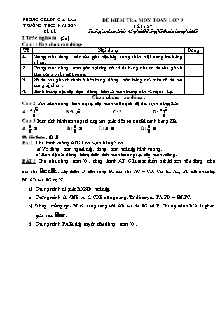 Đề kiểm tra môn Toán Hình lớp 9 - Tiết 57 - Trường THCS Kim Sơn
