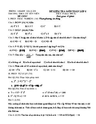 Đề kiểm tra môn Toán lớp 6 - Tiết 39 (theo PPCT) - Trường THCS TT Yên Viên