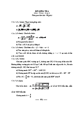 Đề kiểm tra môn Toán - Lớp 9 (Ngày 14-4)