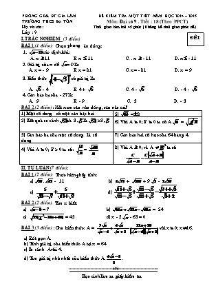 Đề kiểm tra một tiết môn Đại số 9 - Tiết 18 (theo PPCT) - Trường THCS Đa Tốn