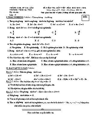 Đề kiểm tra một tiết môn Đại số 9 - Tiết 59 (theo PPCT) - Trường THCS Đa Tốn