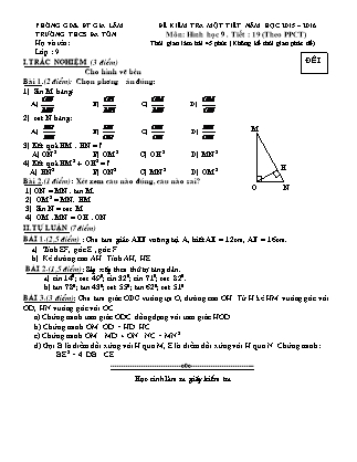 Đề kiểm tra một tiết môn Hình học 9 - Tiết 19 (theo PPCT) - Trường THCS Đa Tốn