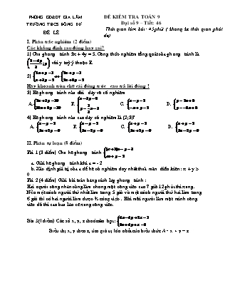 Đề kiểm tra Toán Đại số 9 - Tiết 46 - Trường THCS Đông Dư