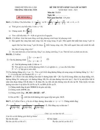 Đề minh họa thi tuyển sinh vào lớp 10 THPT môn Toán