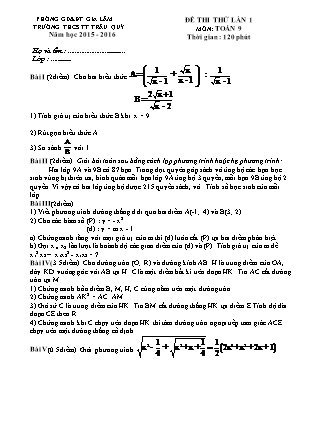 Đề thi thử lần 1 môn Toán 9 - Trường THCS TT Trâu Quỳ