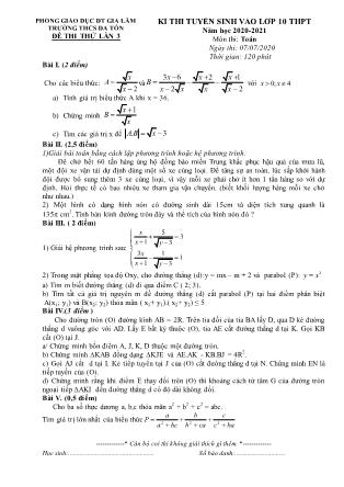 Đề thi thử lần 3 tuyển sinh vào lớp 10 THPT môn Toán