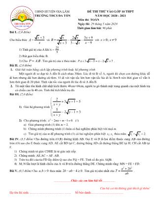 Đề thi thử vào lớp 10 THPT năm học 2020 - 2021 môn thi Toán