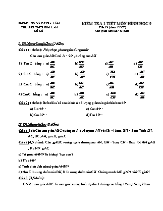 Kiểm tra 1 tiết môn Hình học 9 - Tiết 19 (theo PPCT) - Trường THCS Kim Lan