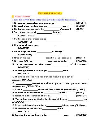 Phiếu bài tập Tiếng Anh 8 số 7 - English exercise 6
