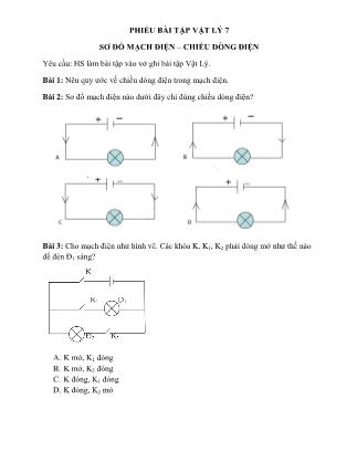 Phiếu bài tập Vật lý 7: Sơ đồ mạch điện – chiều dòng điện