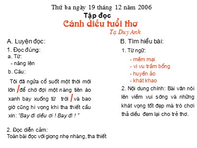 Bài giảng Tập đọc 4 - Cánh diều tuổi thơ (Tạ Duy Anh)