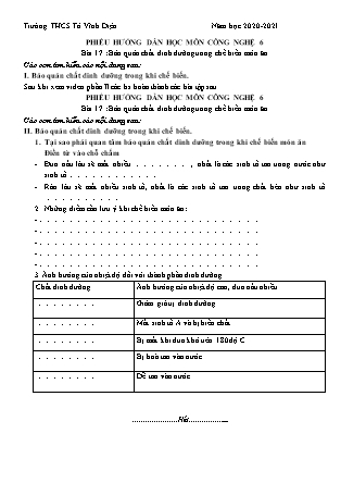 Phiếu hướng dẫn học môn Công nghệ 6 - Bài 17: Bảo quản chất dinh dưỡng trong chế biến món ăn (tiết 2)