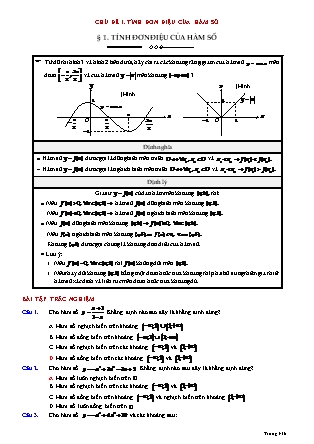 Bài tập trắc nghiệm Giải tích Khối 12 - Chương 1 - Chủ đề 1: Tính đơn điệu của hàm số (Có đáp án)