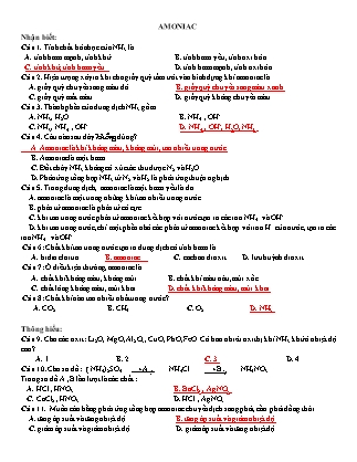 Câu hỏi trắc nghiệm phát triển năng lực Hóa học Lớp 11 - Bài: Amoniac (Có đáp án)